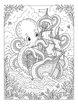 Free printable Cute Kraken Hugging A Sailing Ship coloring page