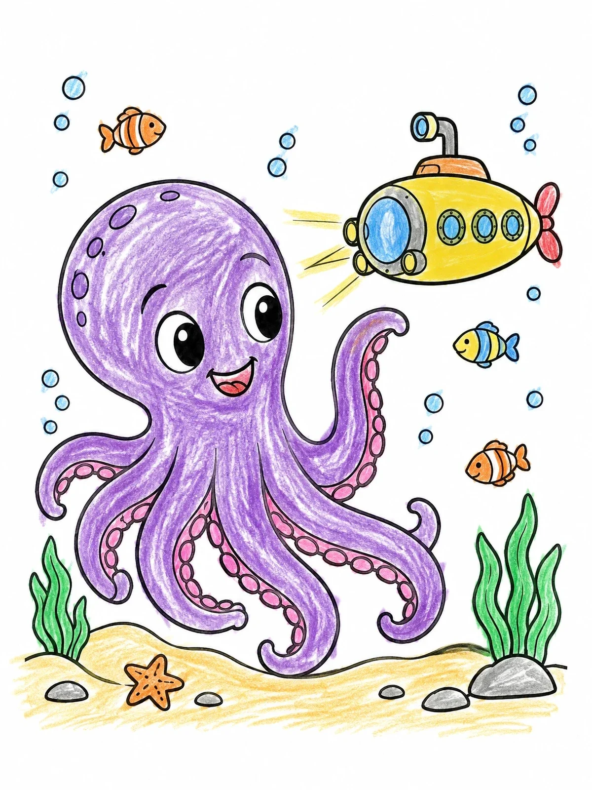 Colored example of the Friendly Kraken And Mini Submarine coloring page