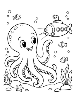 Free printable Friendly Kraken And Mini Submarine coloring page