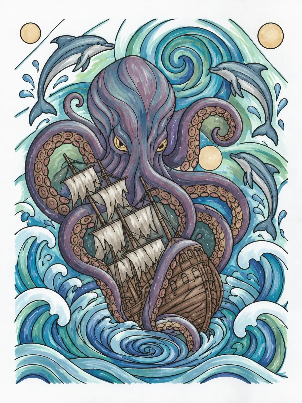 Colored example of the Kraken Attacking A Galleon coloring page