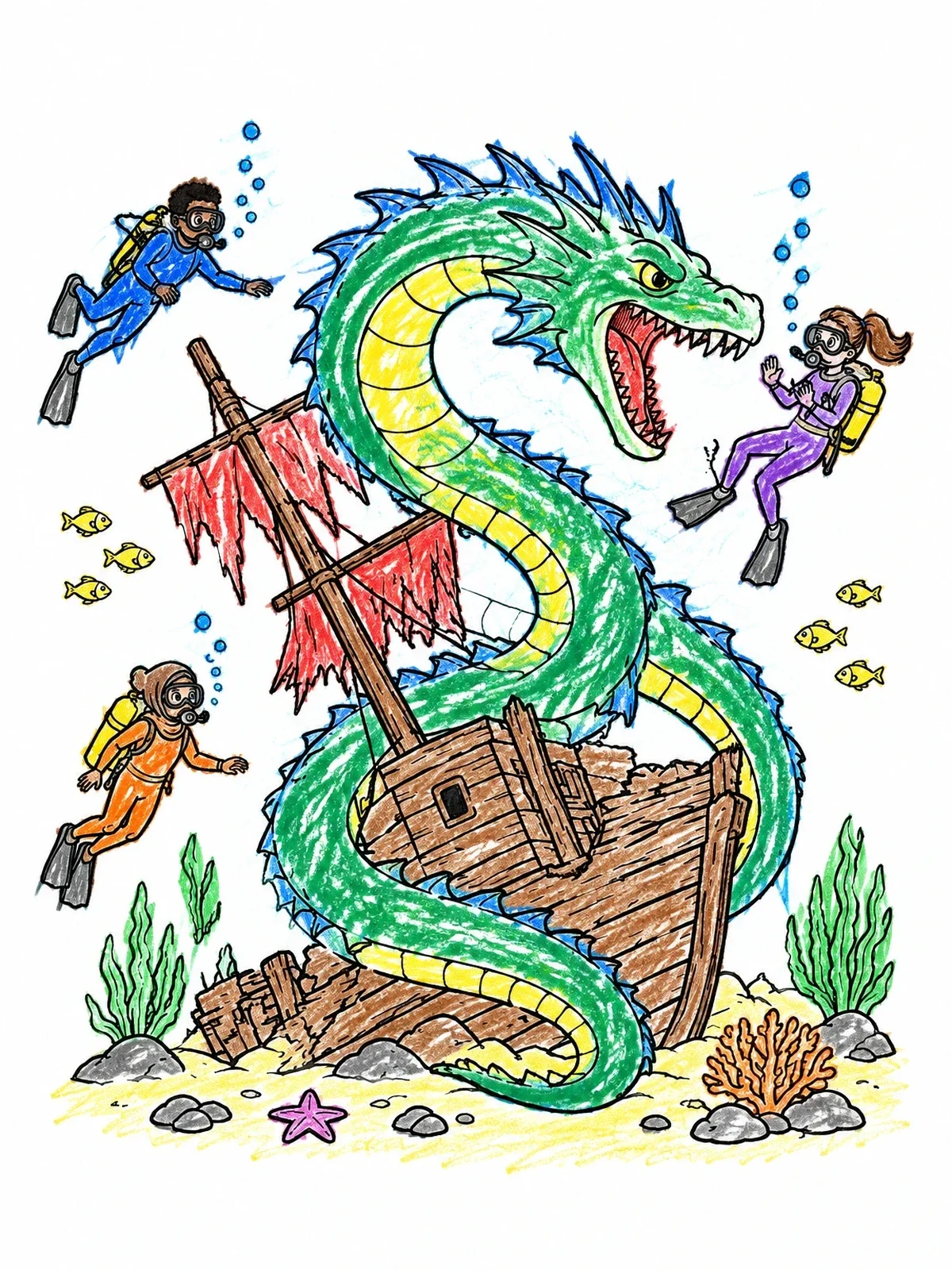 Colored example of the Sea Monster And Shipwreck Divers coloring page