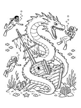 Free printable Sea Monster And Shipwreck Divers coloring page