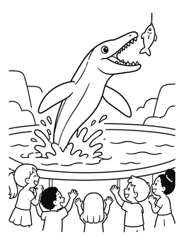 Kids cheering at an aquatic creature show in this fun park coloring page.
