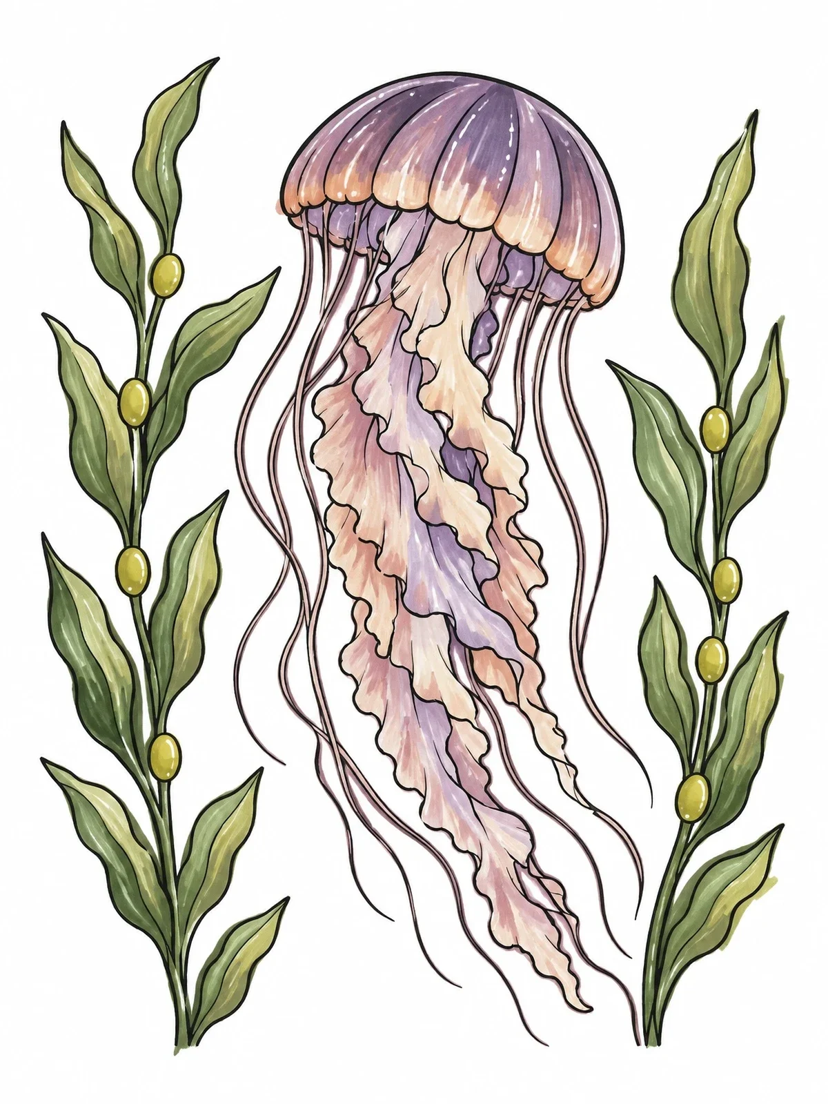 Colored example of the Sea Nettle Drifting Beside Kelp coloring page