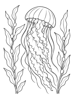 A detailed jellyfish coloring page showing a sea nettle drifting between tall kelp stalks.