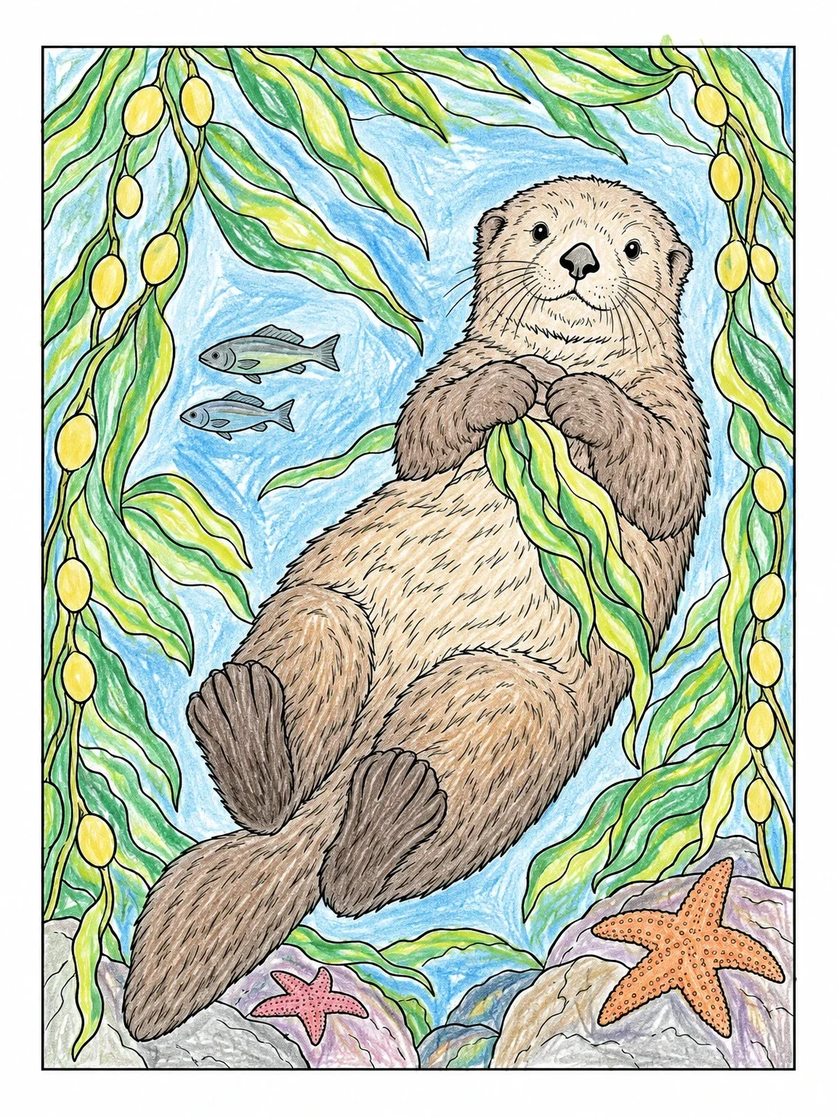 Colored example of the Sea Otter Floating In Kelp Forest coloring page