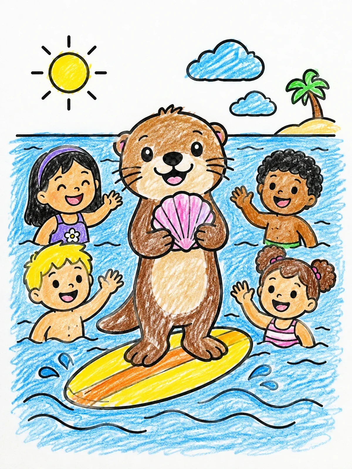 Colored example of the Sea Otter Surfing With Cheering Friends coloring page