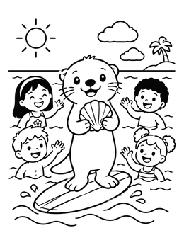 Free printable Sea Otter Surfing With Cheering Friends coloring page