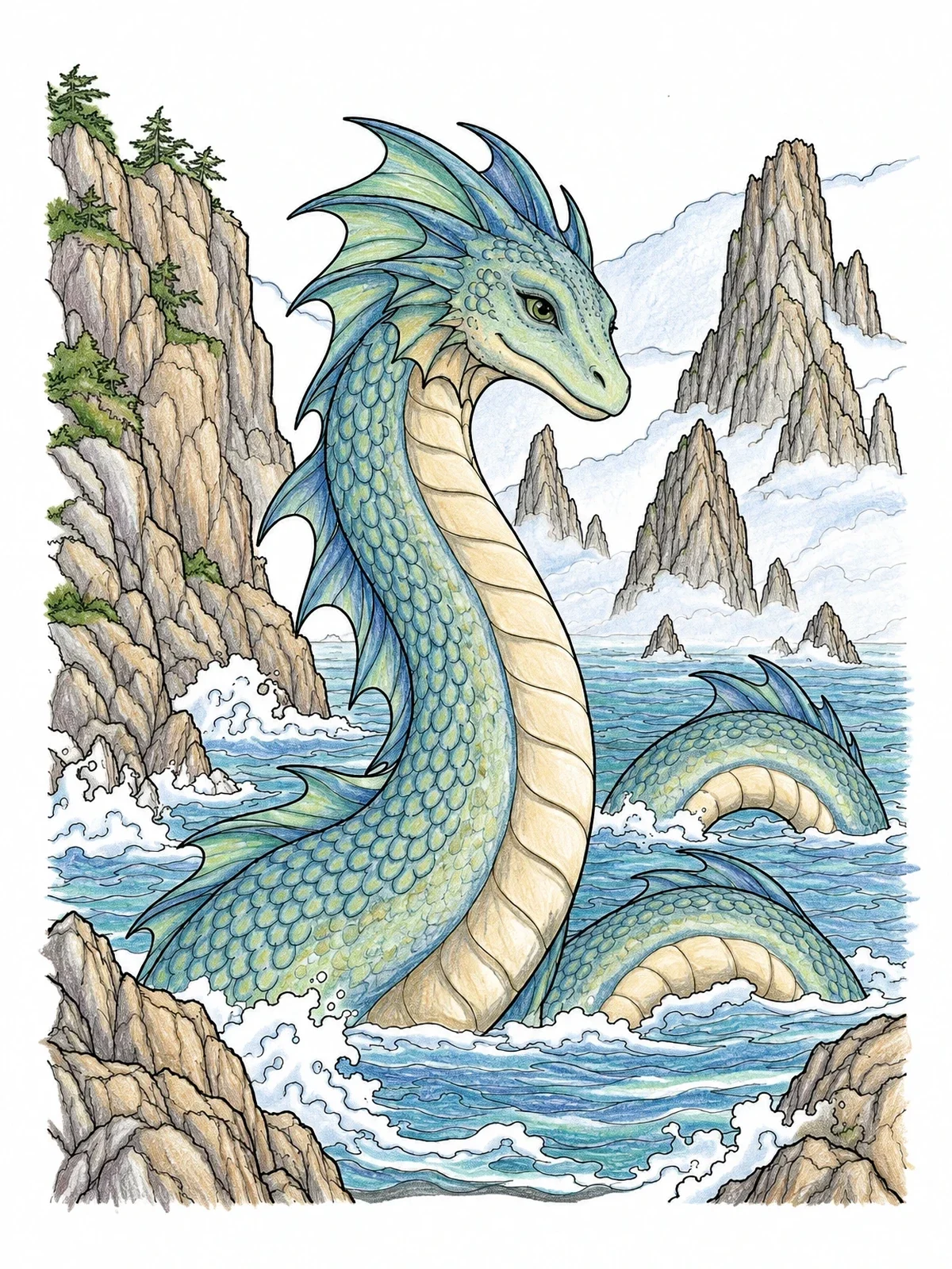 Colored example of the Sea Serpent In Rocky Cove coloring page