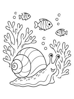 A cheerful snail coloring page featuring an underwater scene with corals and fish.