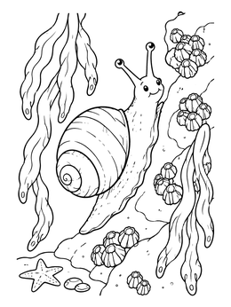 A happy marine creature rests among seaweed in this snail coloring page.