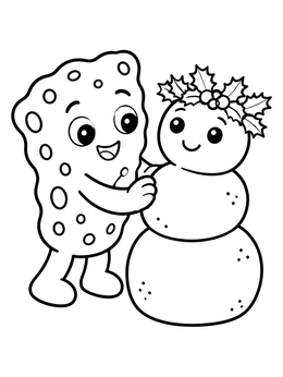Cute sponge coloring page featuring a happy sponge character decorating a sandman with a wreath.