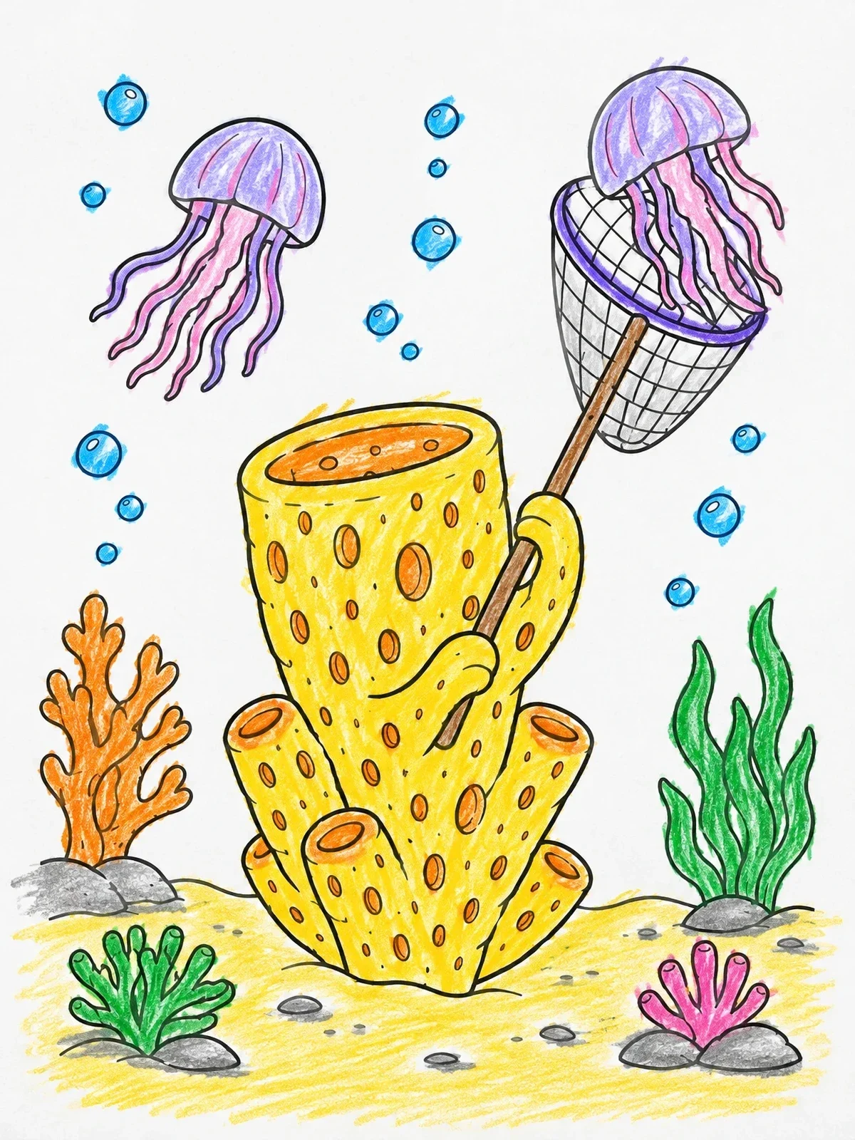 Colored example of the Sea Sponge Catching Jellyfish Underwater coloring page