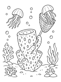 An underwater sea sponge coloring page featuring a tube sponge holding a net catching jellyfish.