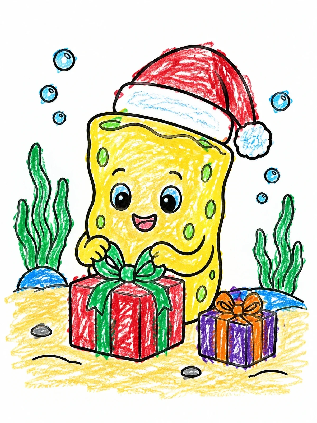 Colored example of the Sea Sponge With Christmas Gifts coloring page