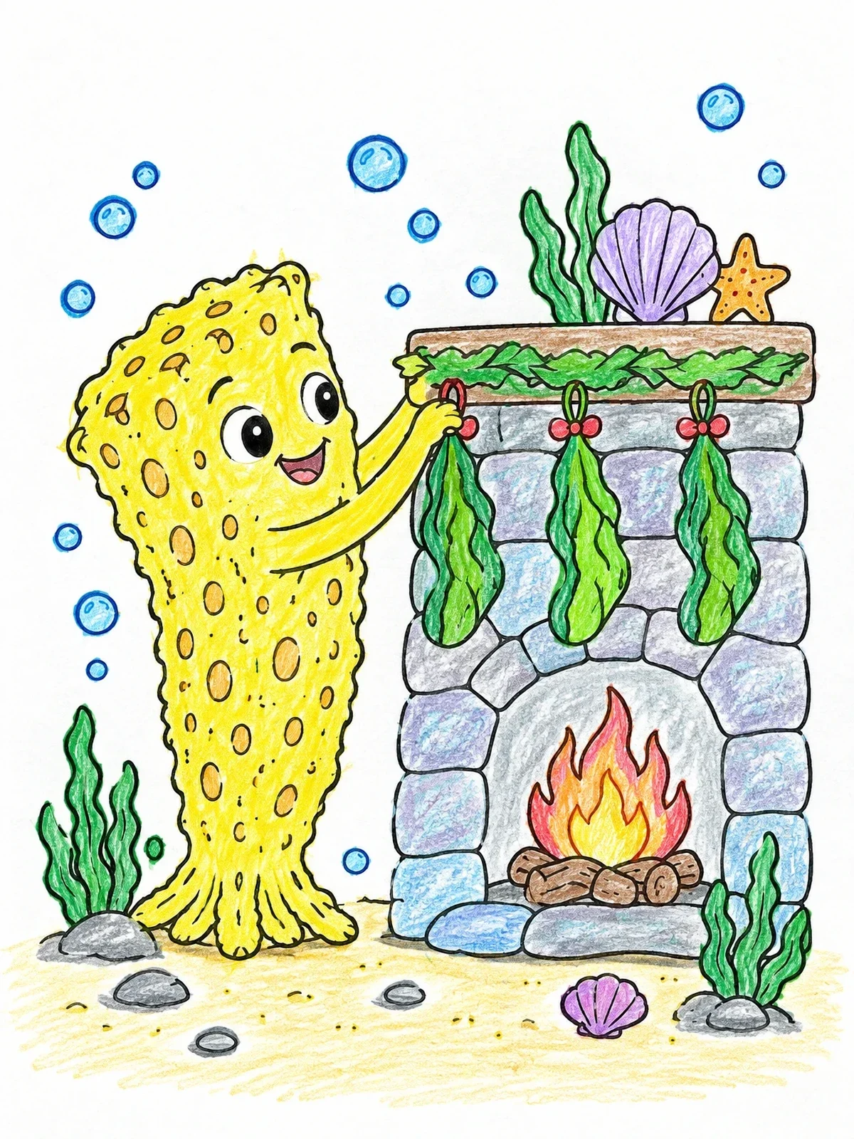 Colored example of the Sea Sponge Decorating Underwater Fireplace coloring page