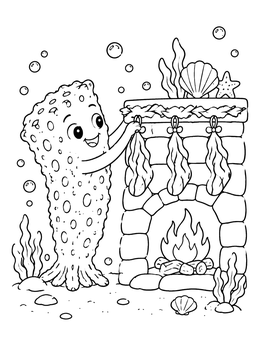 A cute sea sponge coloring page showing a character hanging stockings on an underwater fireplace.