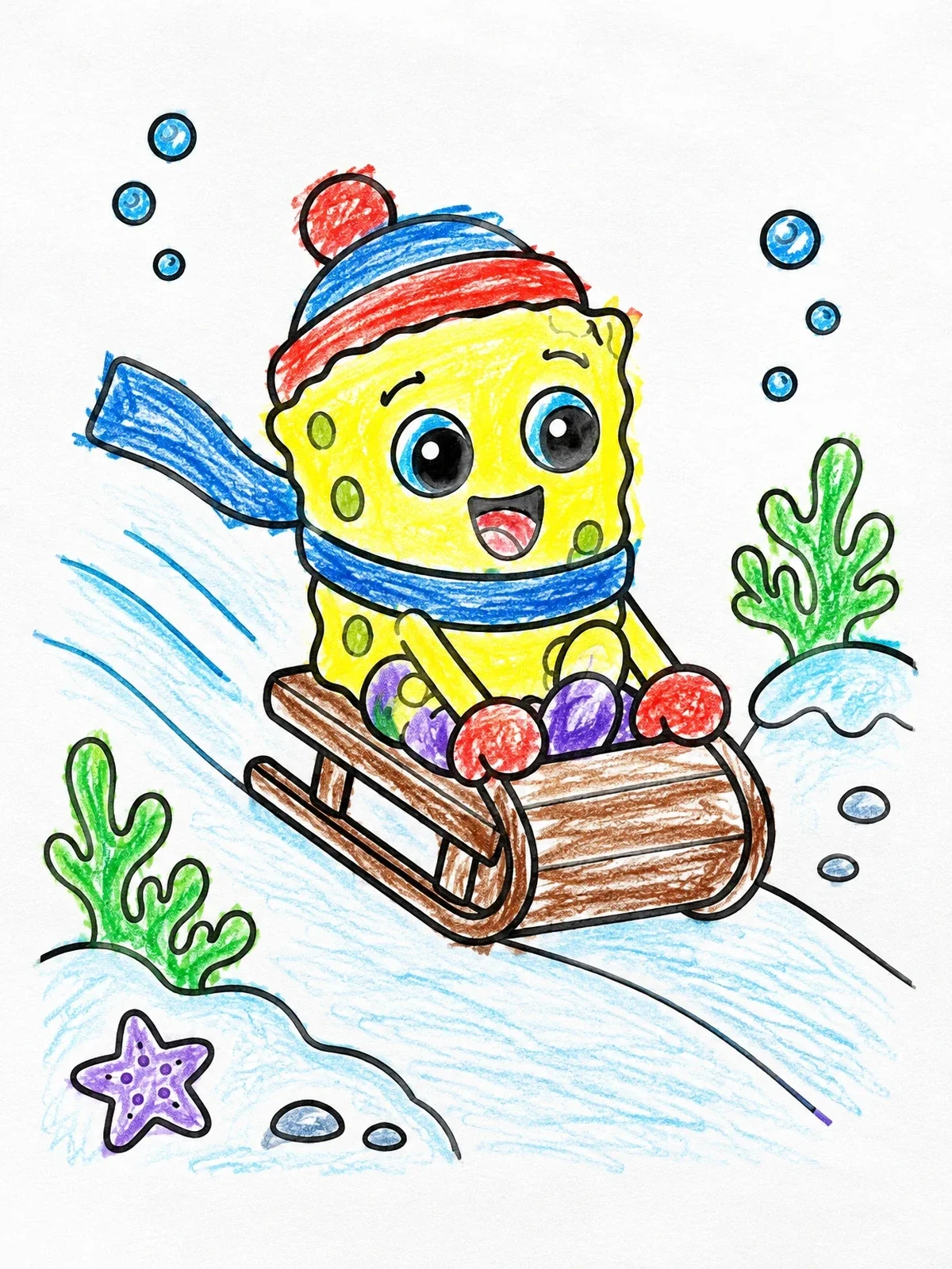 Colored example of the Sea Sponge Sledding Underwater coloring page