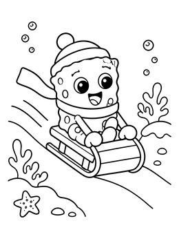 A cheerful sponge coloring page featuring a cartoon character sledding down a reef.
