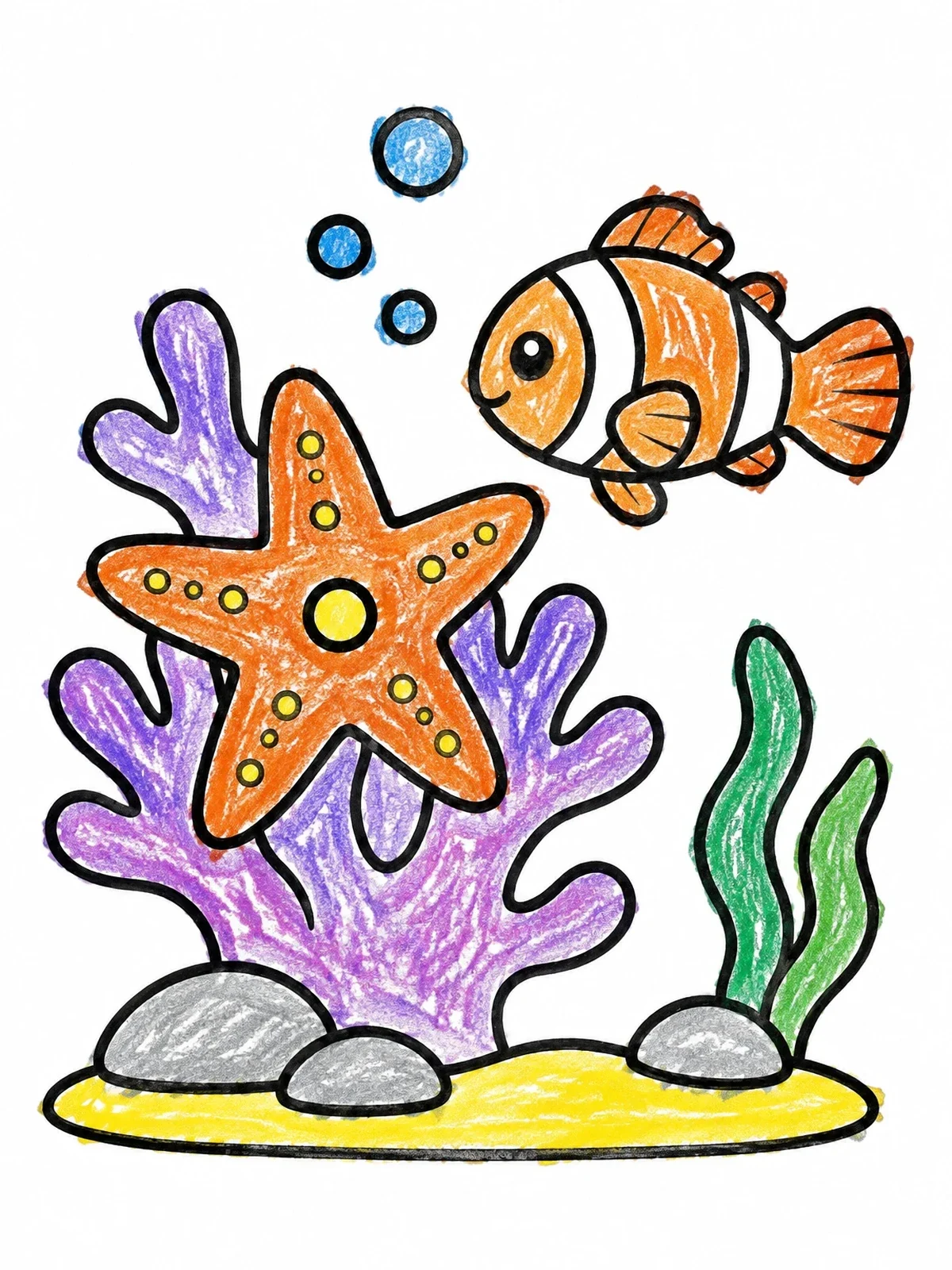 Colored example of the Sea Star On Coral Reef With Clownfish coloring page