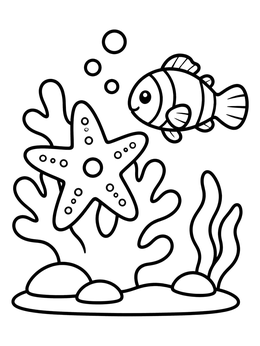 Free printable Sea Star On Coral Reef With Clownfish coloring page