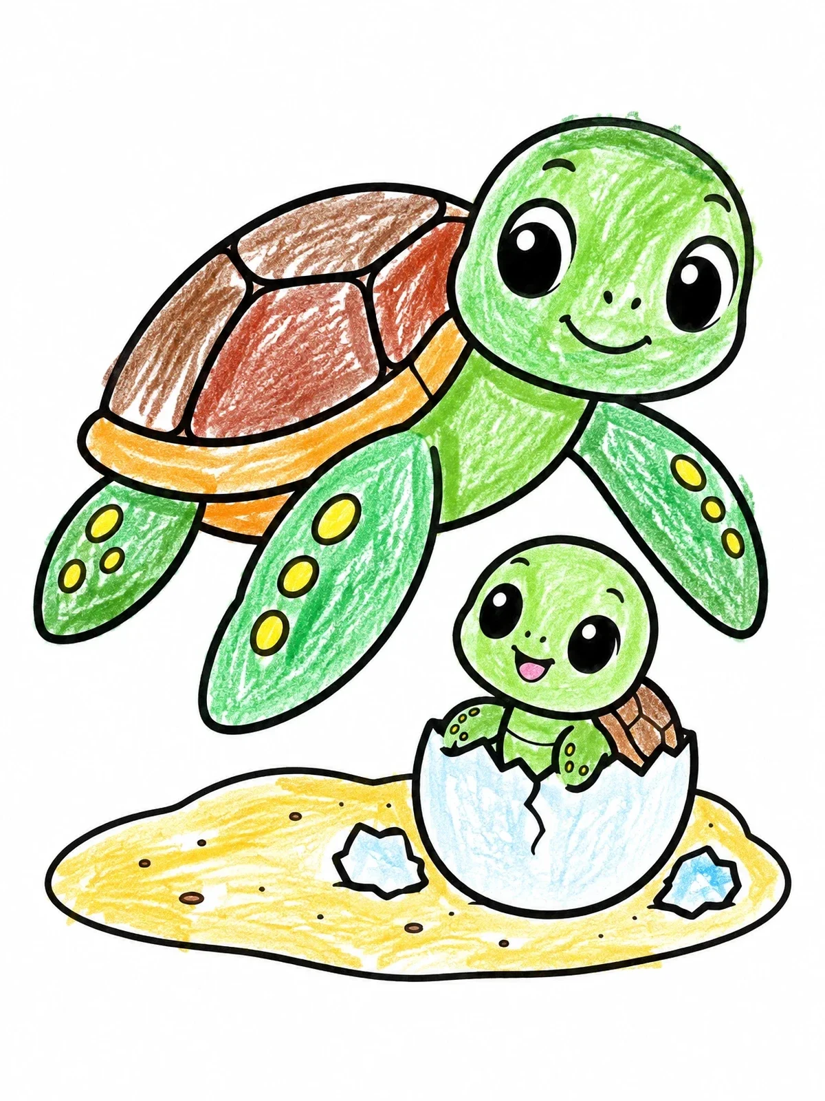 Colored example of the Sea Turtle And Hatching Baby coloring page