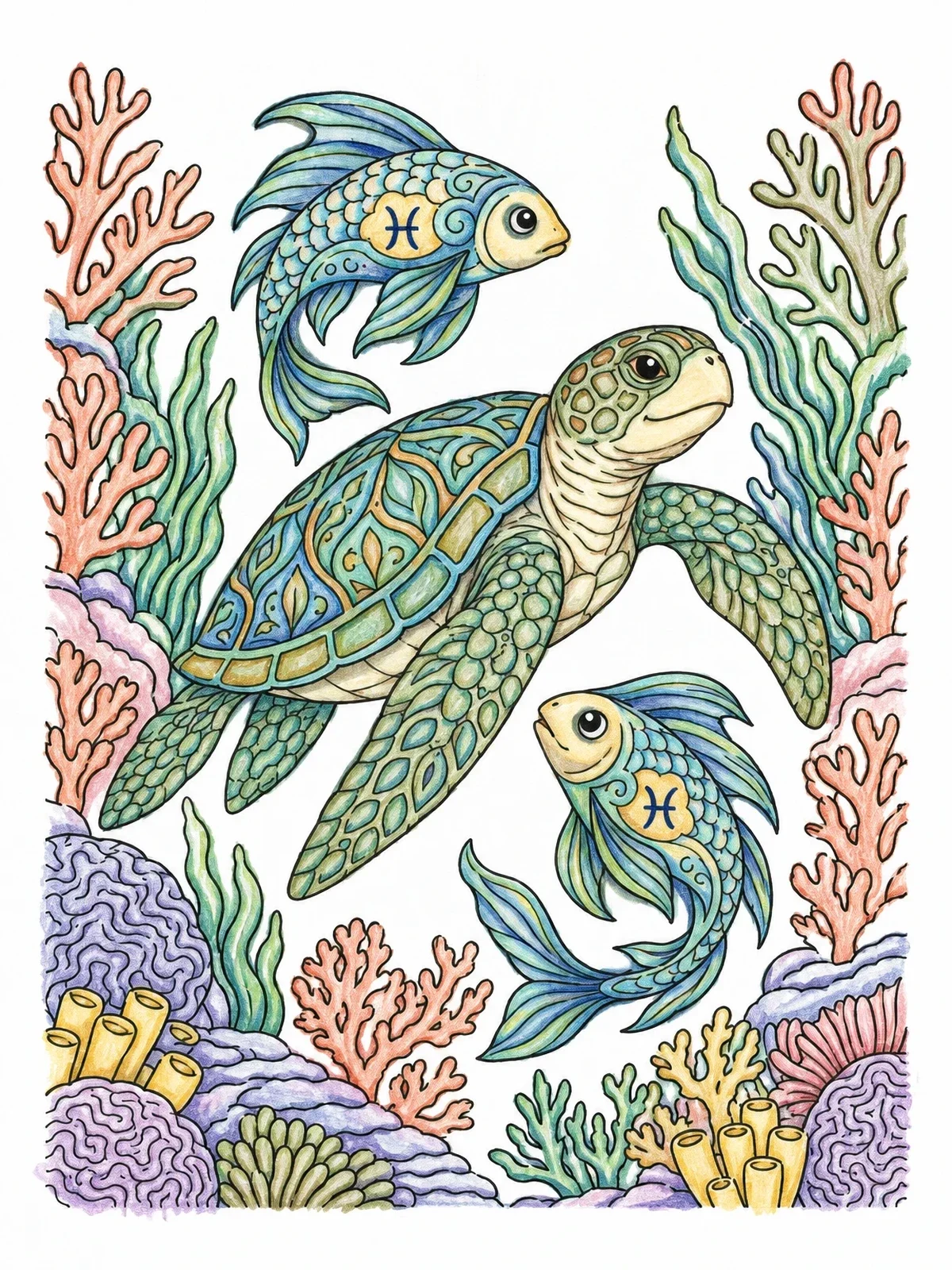 Colored example of the Sea Turtle And Pisces Fish coloring page