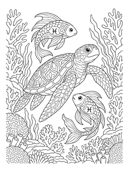 A detailed sea turtle swimming among coral reefs in this pisces coloring page.