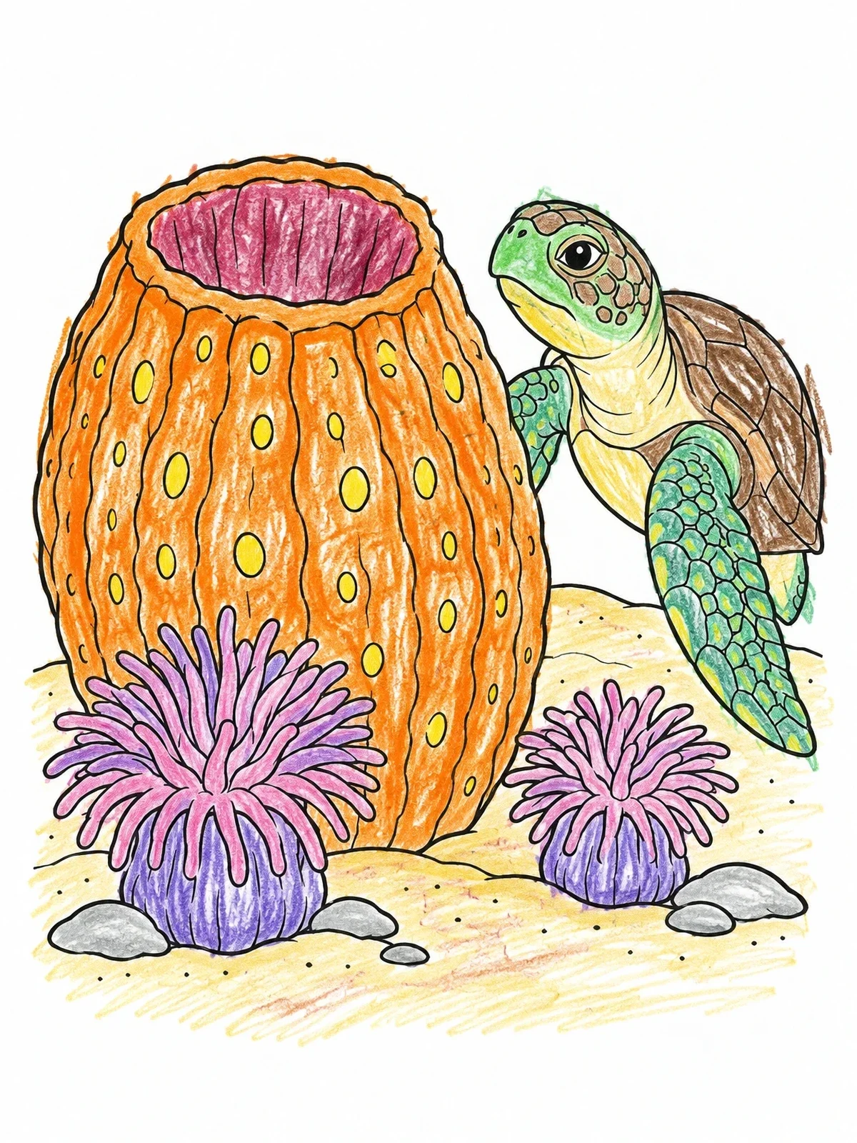 Colored example of the Sea Turtle Beside Barrel Sponge coloring page