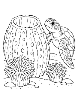 A curious sea turtle near a barrel sponge coloring page with sea anemones.
