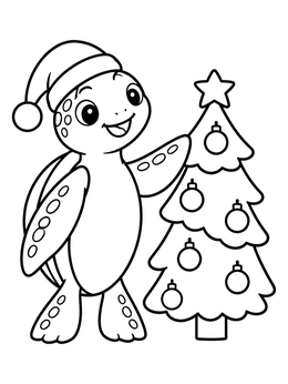 A cheerful christmas turtle coloring page showing a sea turtle in a Santa hat by a decorated tree.