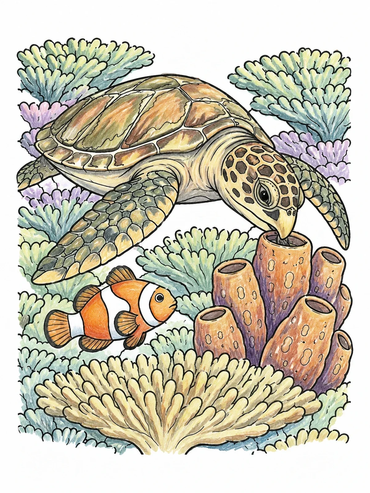 Colored example of the Sea Turtle And Clownfish On Coral coloring page
