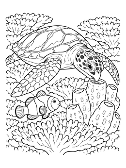 Free printable Sea Turtle And Clownfish On Coral coloring page