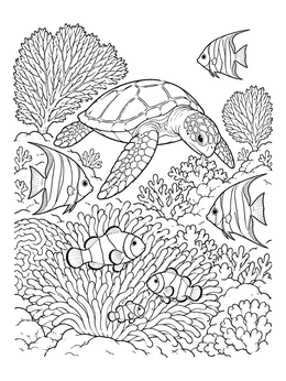 Sea turtle swimming over sea anemones with clownfish in this ecosystem coloring page.
