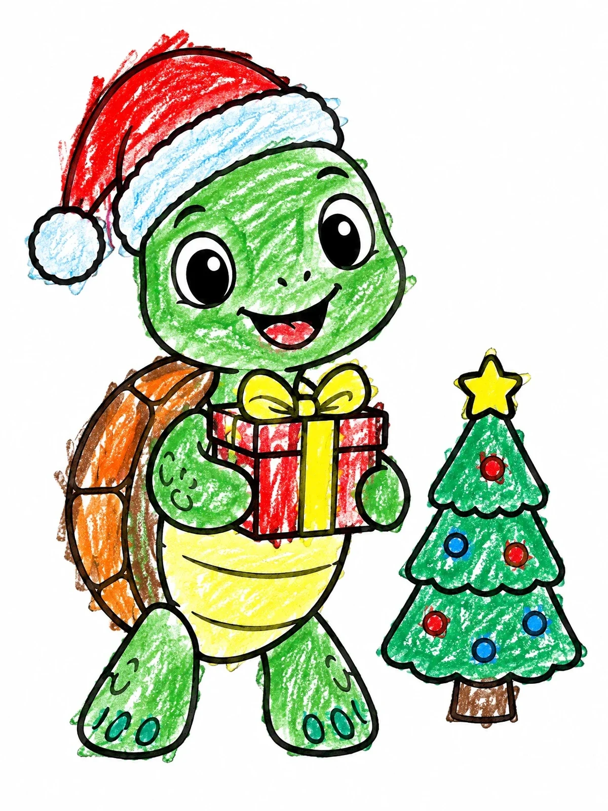 Colored example of the Cute Christmas Turtle With Gift coloring page