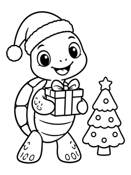 A happy turtle with Santa hat holding a present on this sea turtle coloring page.