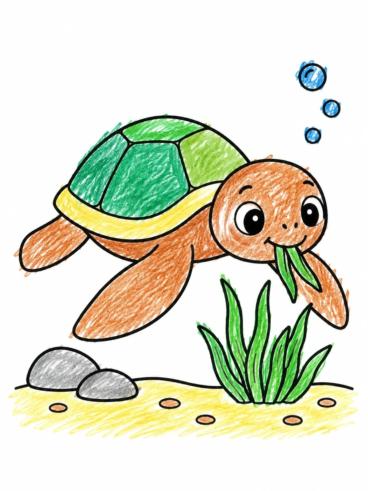 Colored example of the Sea Turtle Eating Green Seagrass coloring page