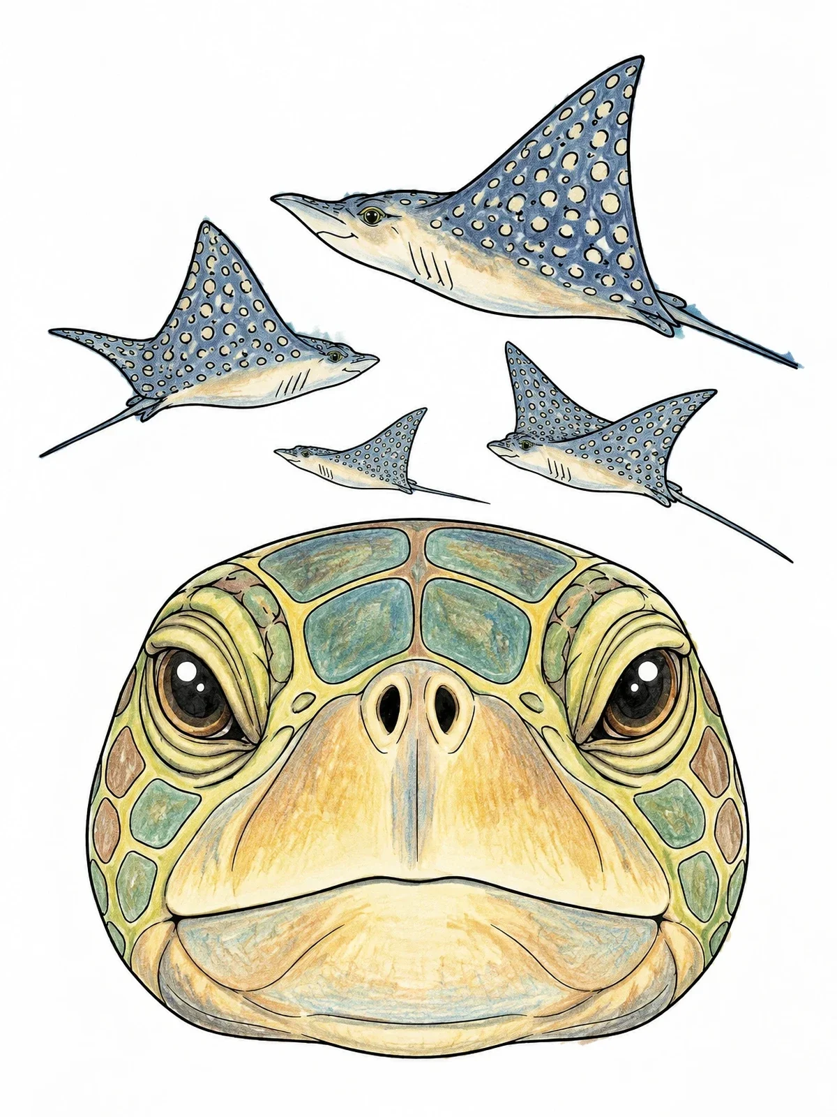 Colored example of the Sea Turtle Face With Eagle Rays coloring page