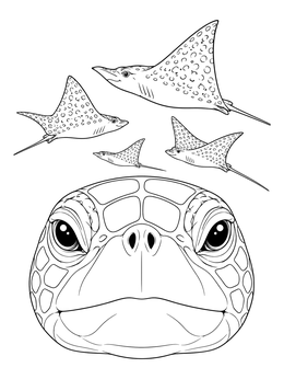 A close-up sea turtle coloring page with spotted eagle rays swimming overhead.
