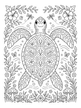 A cheerful turtle swims in this detailed sea turtle coloring page surrounded by flowers and dragonflies.