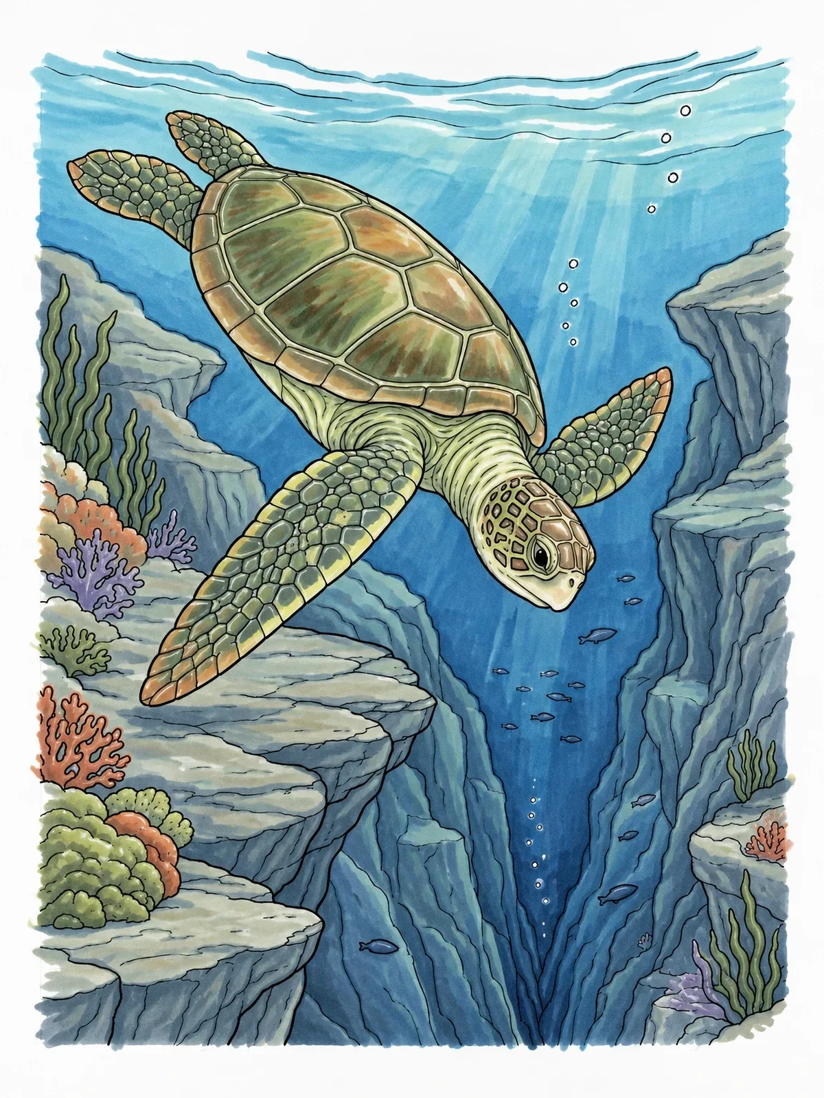 Colored example of the Sea Turtle Gliding Over Canyon coloring page