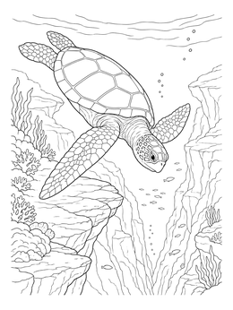 A detailed sea turtle coloring page showing the animal descending into a deep underwater ravine.