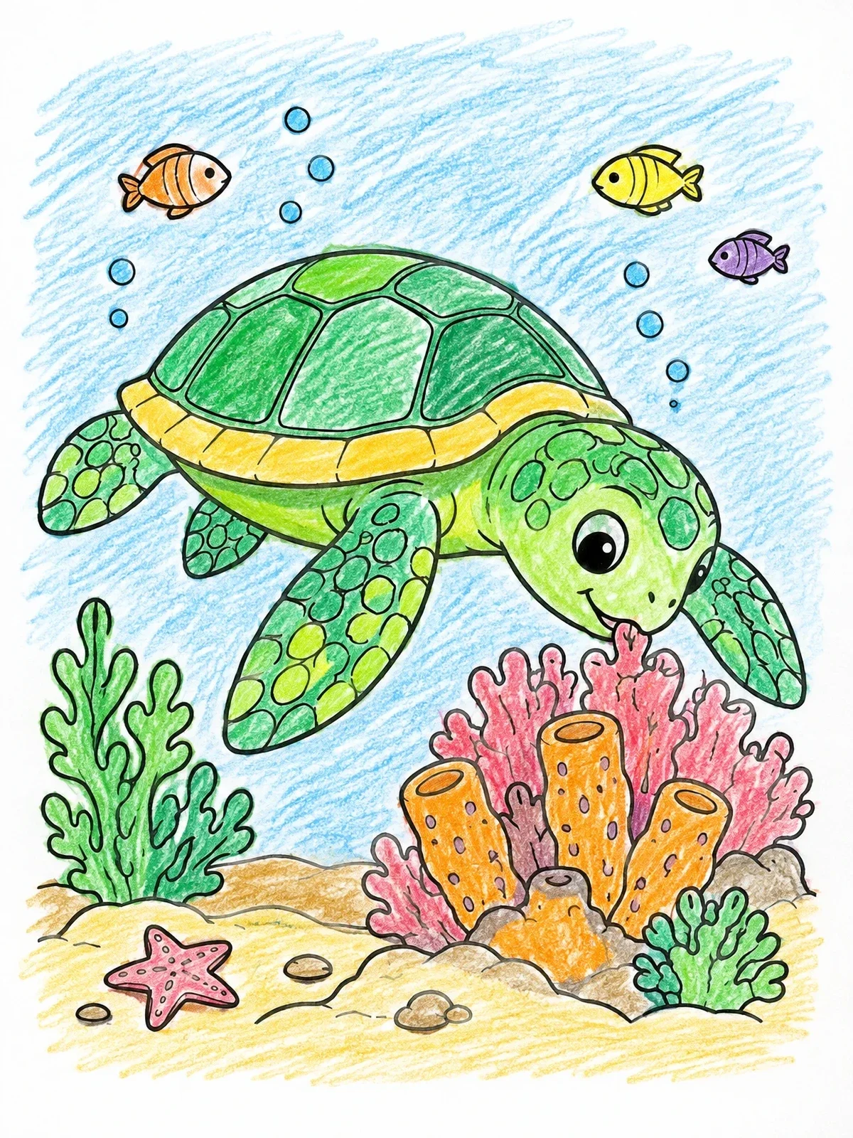 Colored example of the Sea Turtle Grazing On Coral Reef coloring page