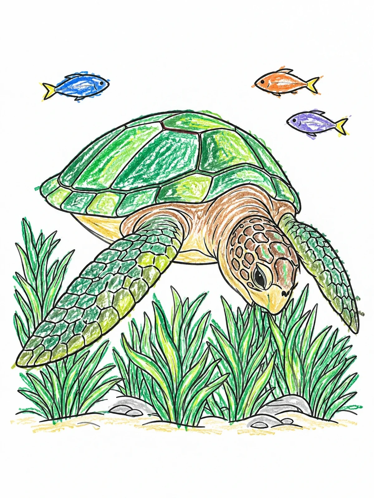 Colored example of the Sea Turtle Grazing In Seagrass coloring page