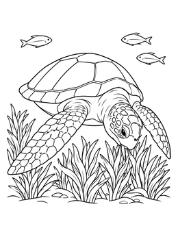 A detailed sea turtle coloring page showing a turtle swimming near seagrass and fish.