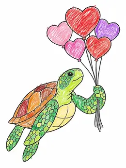 Sea Turtle With Heart Balloons – Turtle Valentine Coloring Page