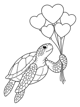 A cheerful turtle valentine coloring page showing a sea turtle holding heart balloons.