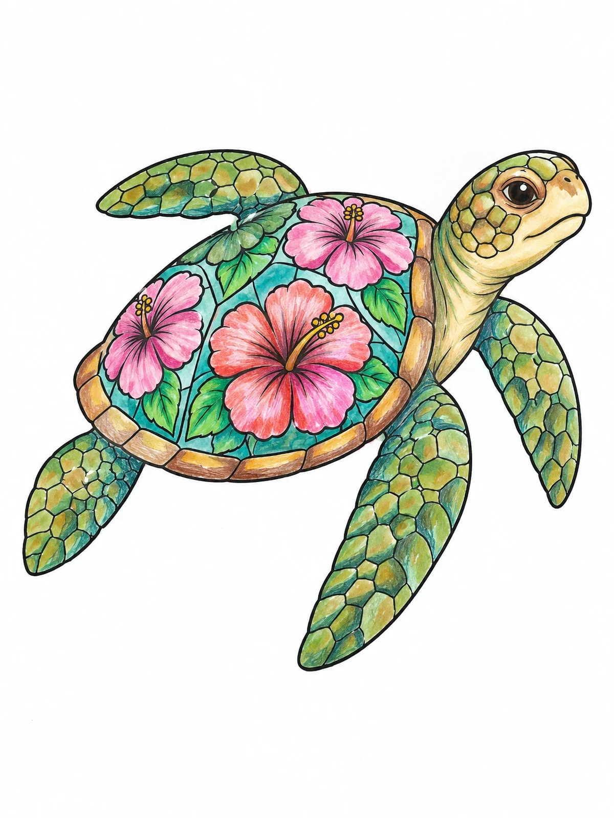 Colored example of the Sea Turtle With Hibiscus Shell coloring page