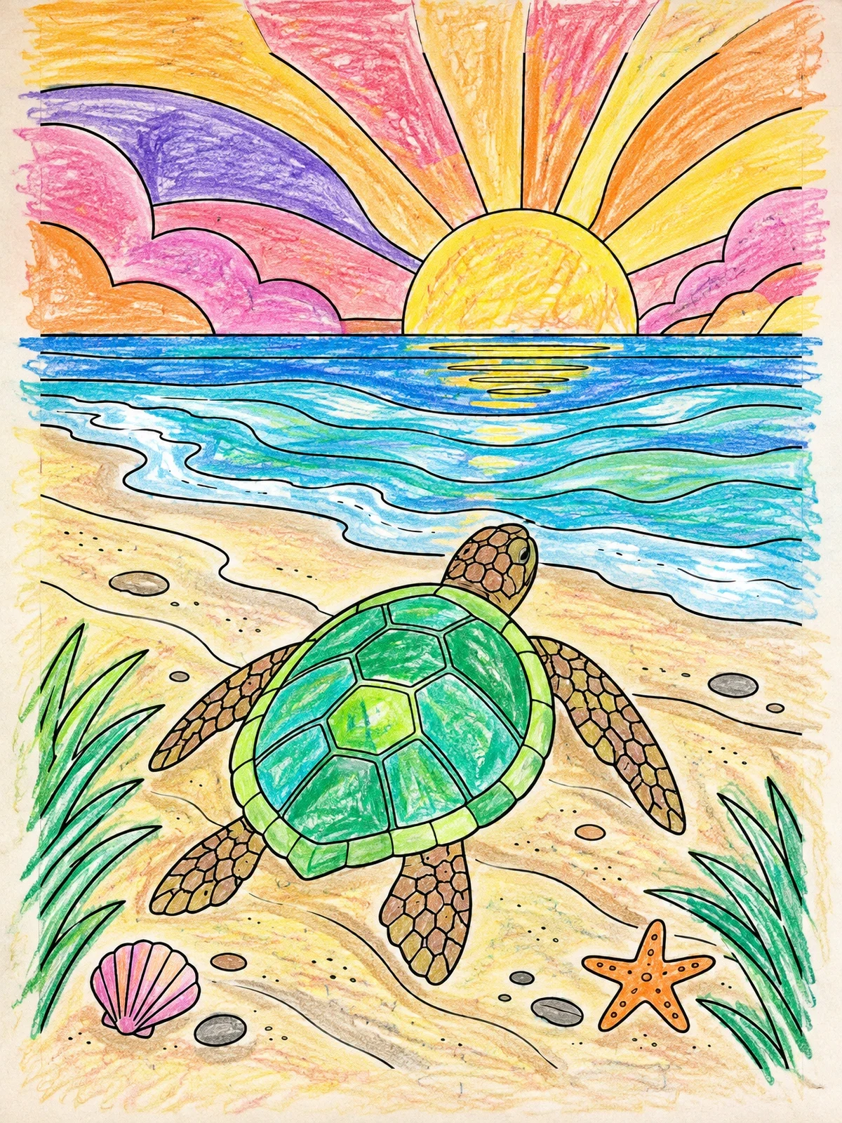 Colored example of the Sea Turtle At Ocean Sunset coloring page