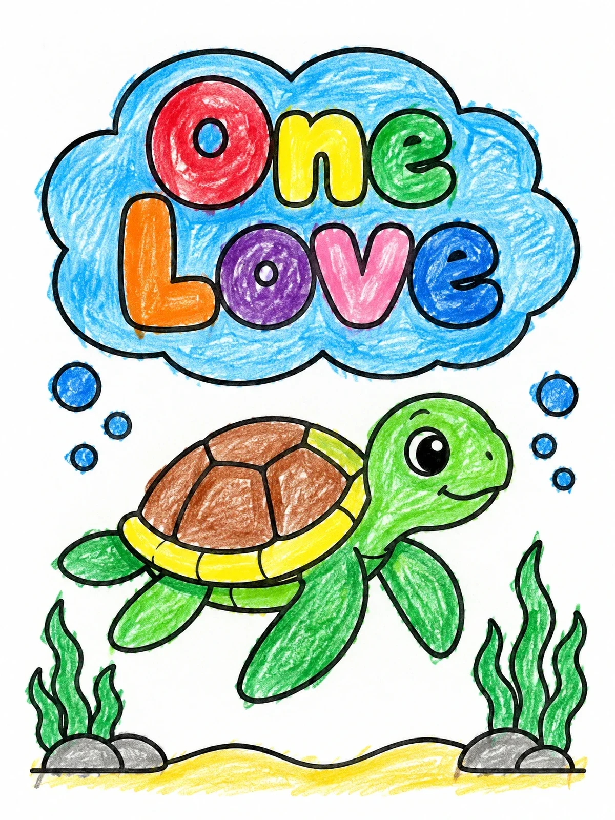 Colored example of the One Love Sea Turtle coloring page